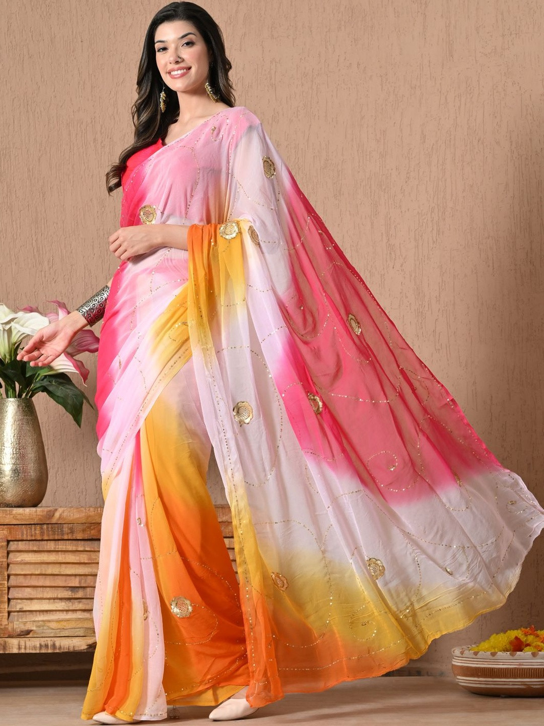 House of Chiffon Kasab Jaal Orange Pink