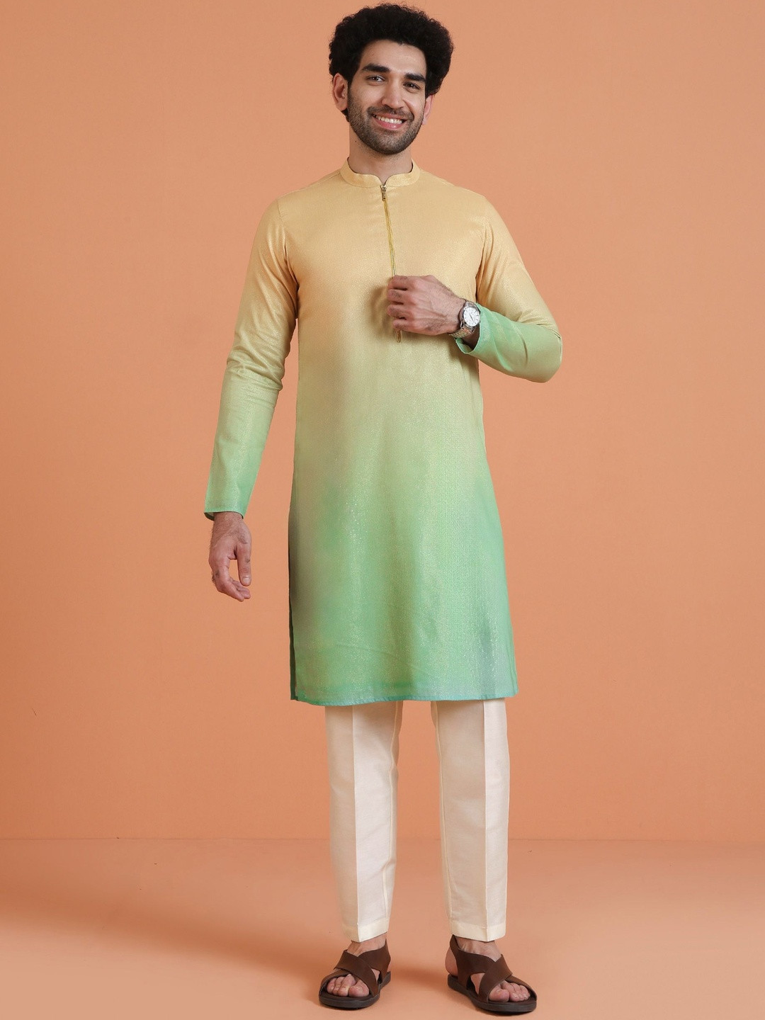 KISAH Men Yellow-Green Ombre Dyed Kurta With Cream Trouser Set