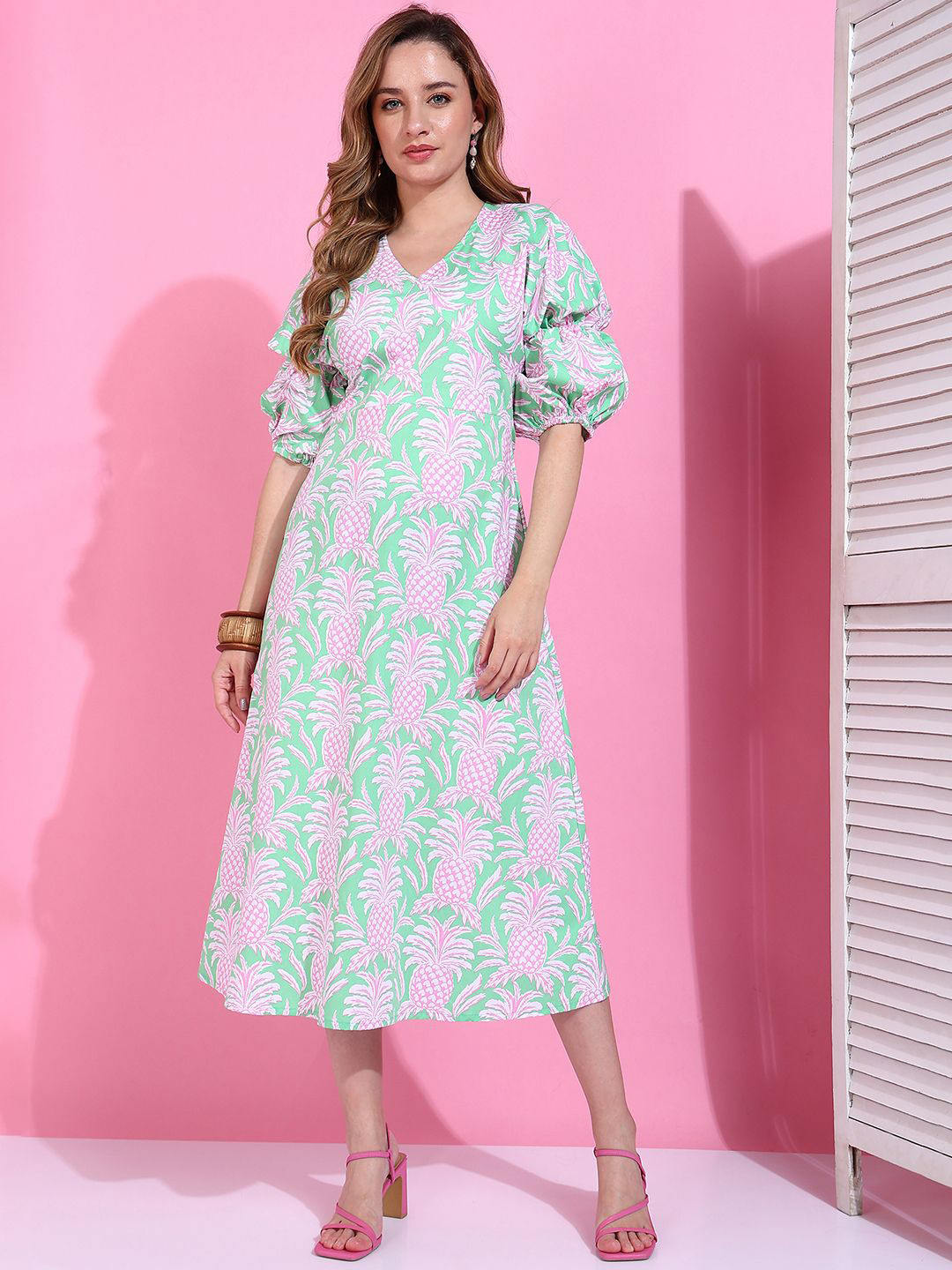 Golden Kite Women Tropical Print Puff Sleeve Fit & Flare Midi Dress