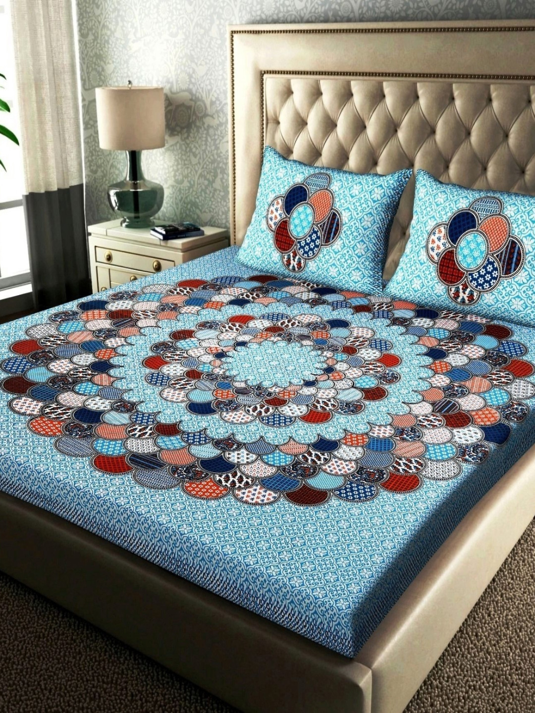 Cotton Choice Turquoise Blue & Red Abstract Cotton 180 King Bedsheet With 2 Pillow Covers