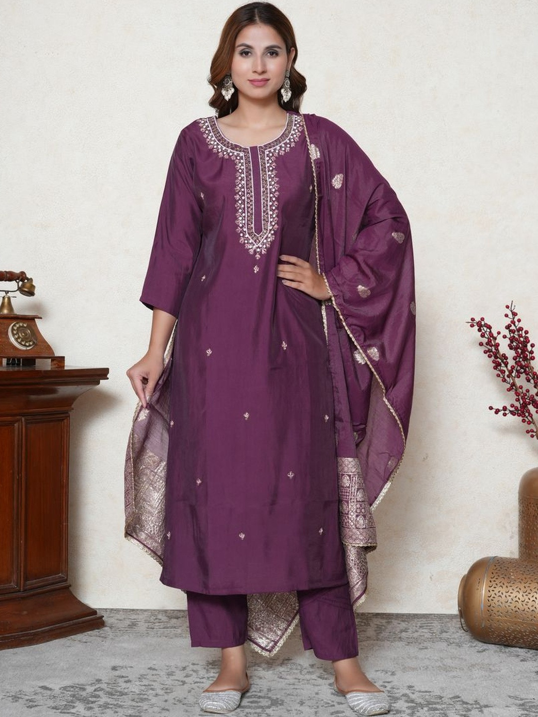 Paridhaanam Women Embroidered Pure Cotton Kurta with Trousers & Dupatta