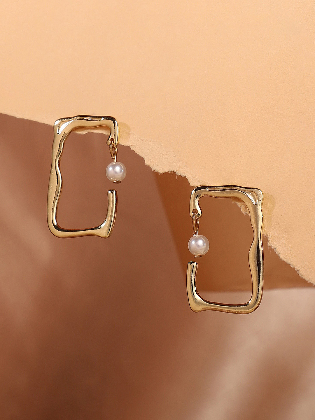 SOHI Gold-Plated Pearls Studded Cadre Drop Earrings