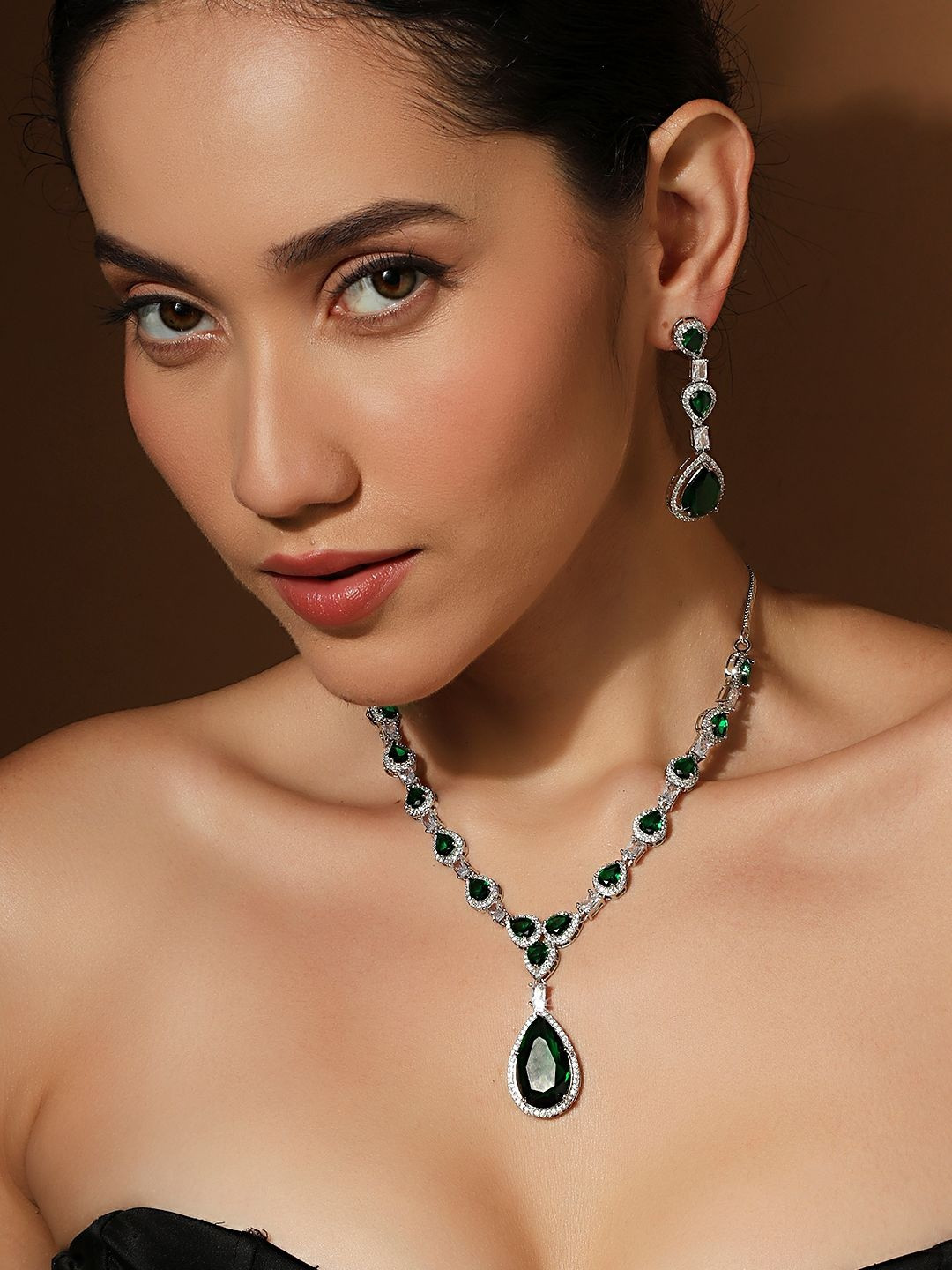 QUEENS NECK Brass-Plated American Diamond-Studded Jewellery Set