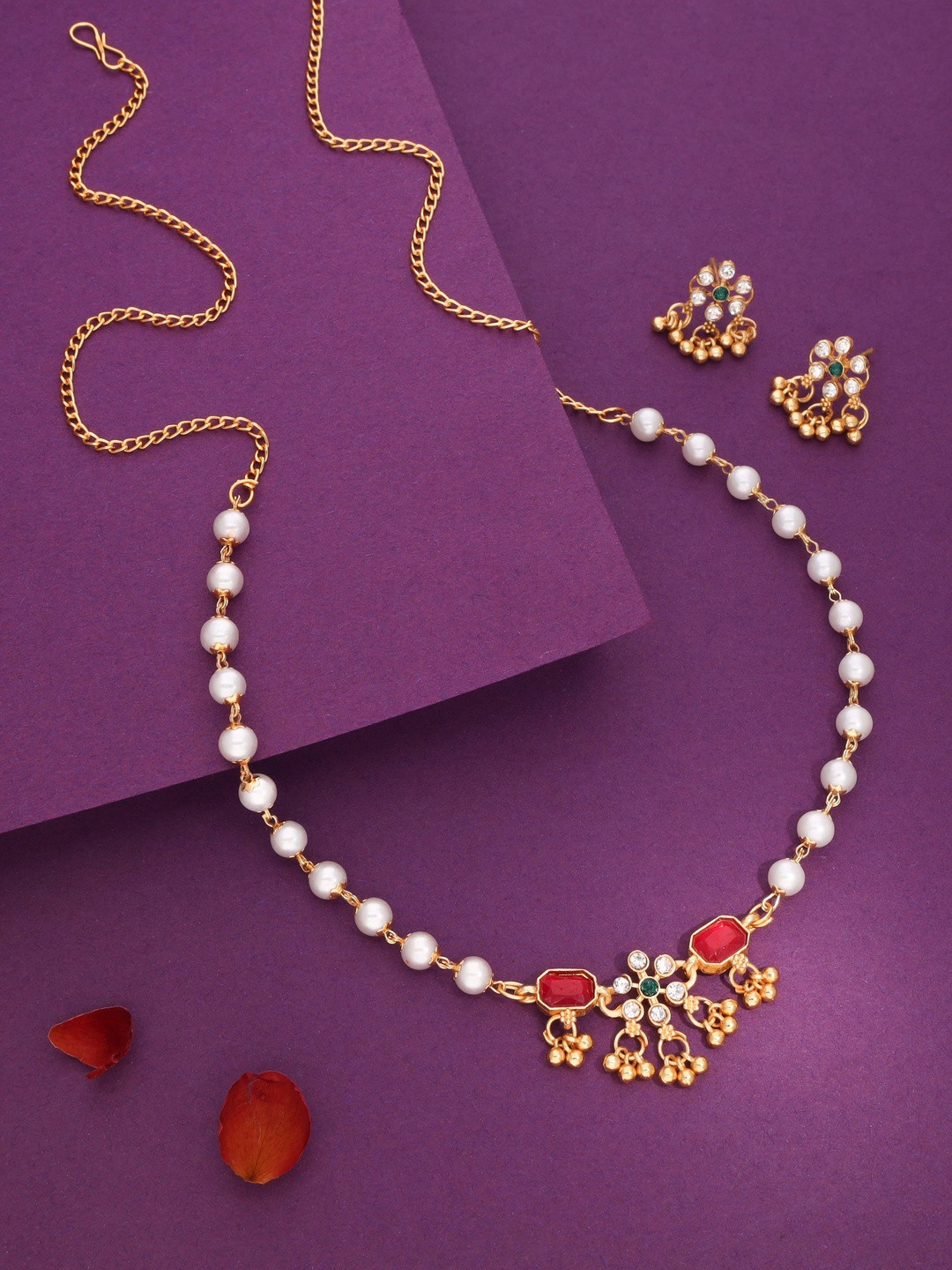 Anouk Women Gold-Plated Brass American Diamond Necklace & Earrings with 2 Ring