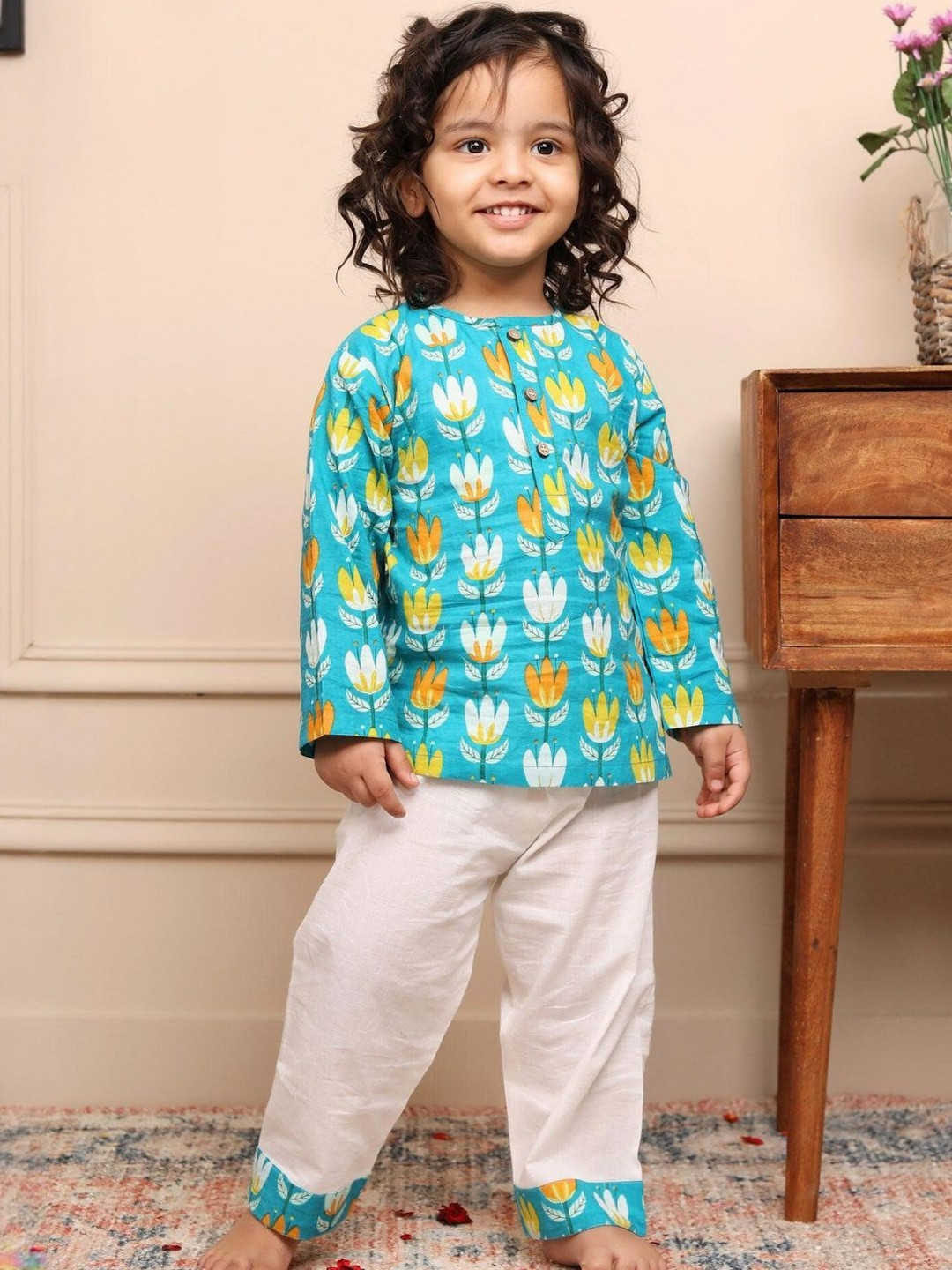Polka Tots Boys Polka Tots Lotus print Full sleeves Nightwear Kurta Pyjama set