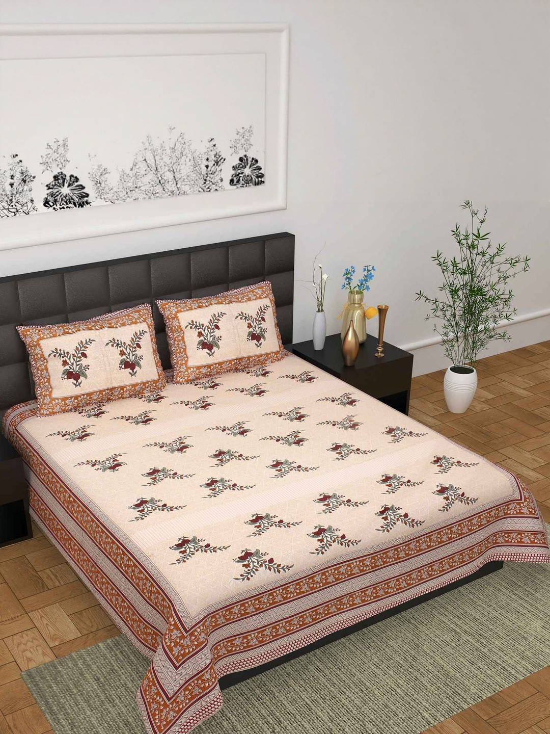 Salgia Orange Floral Cotton 210 TC King Bedsheet with 2 pillow covers- 78 x 72 inches