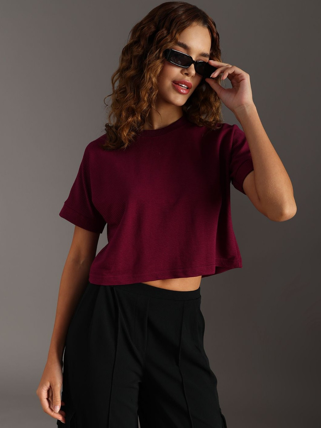 LIMEROAD Women Textured Solid Crew Neck Top