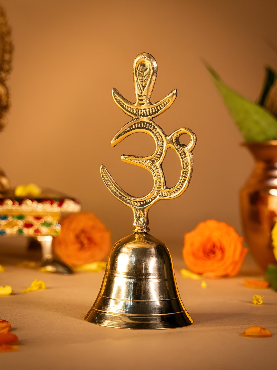 prettykrafts Gold Toned Brass Om Design Pooja Bell