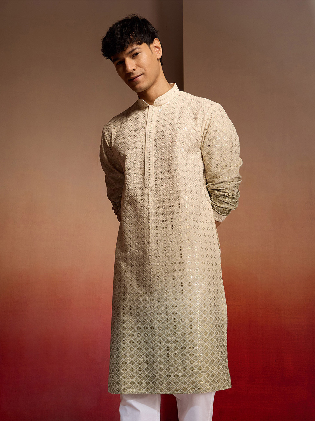VASTRAMAY Men Embellished Festive Cambric Cotton Ombre Straight Kurta