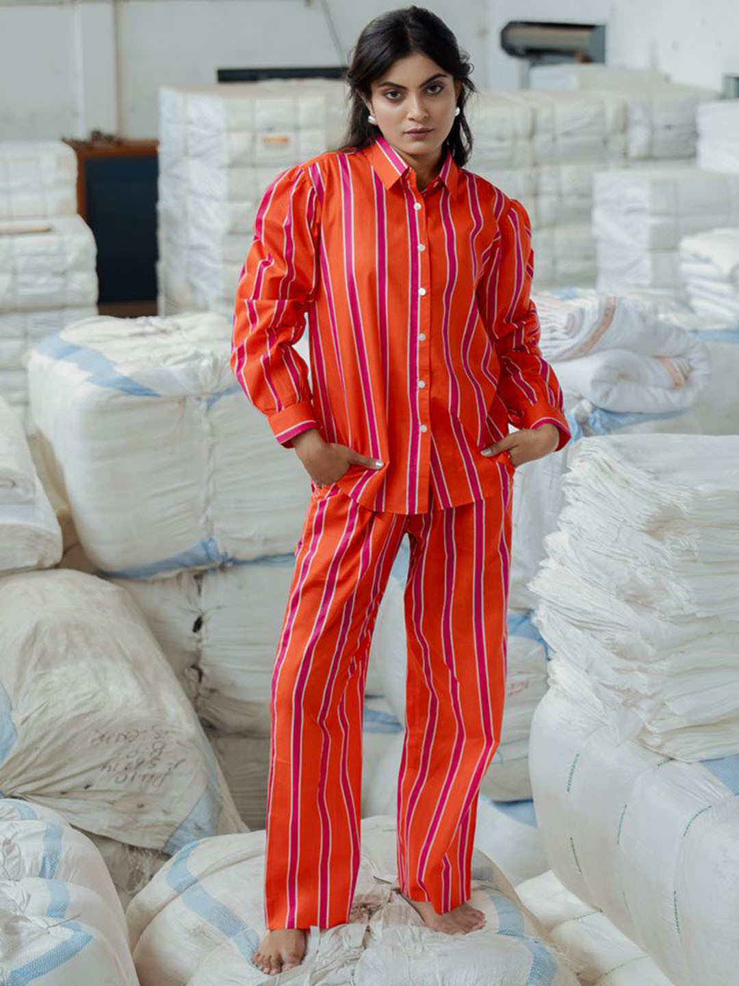 In Your Dreams Striped Pure Cotton Shirt Collar Shirt With Trousers