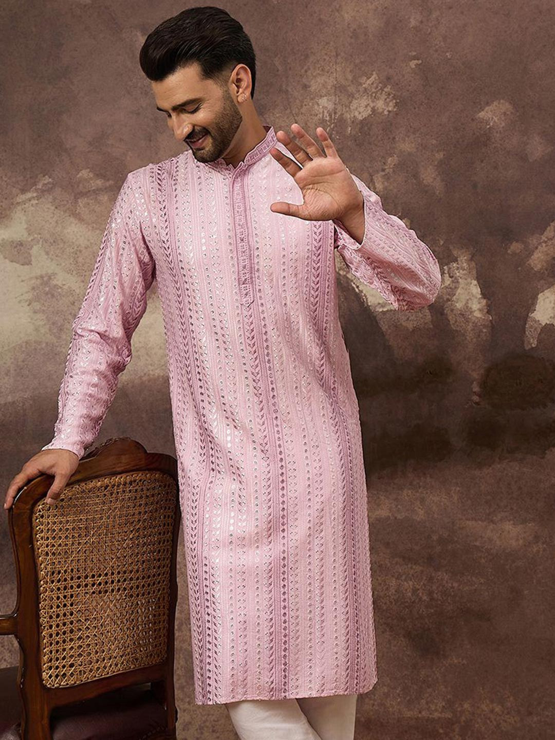 Ethnic Bay Men Floral Embroidered Thread Work Band Collar Kurta