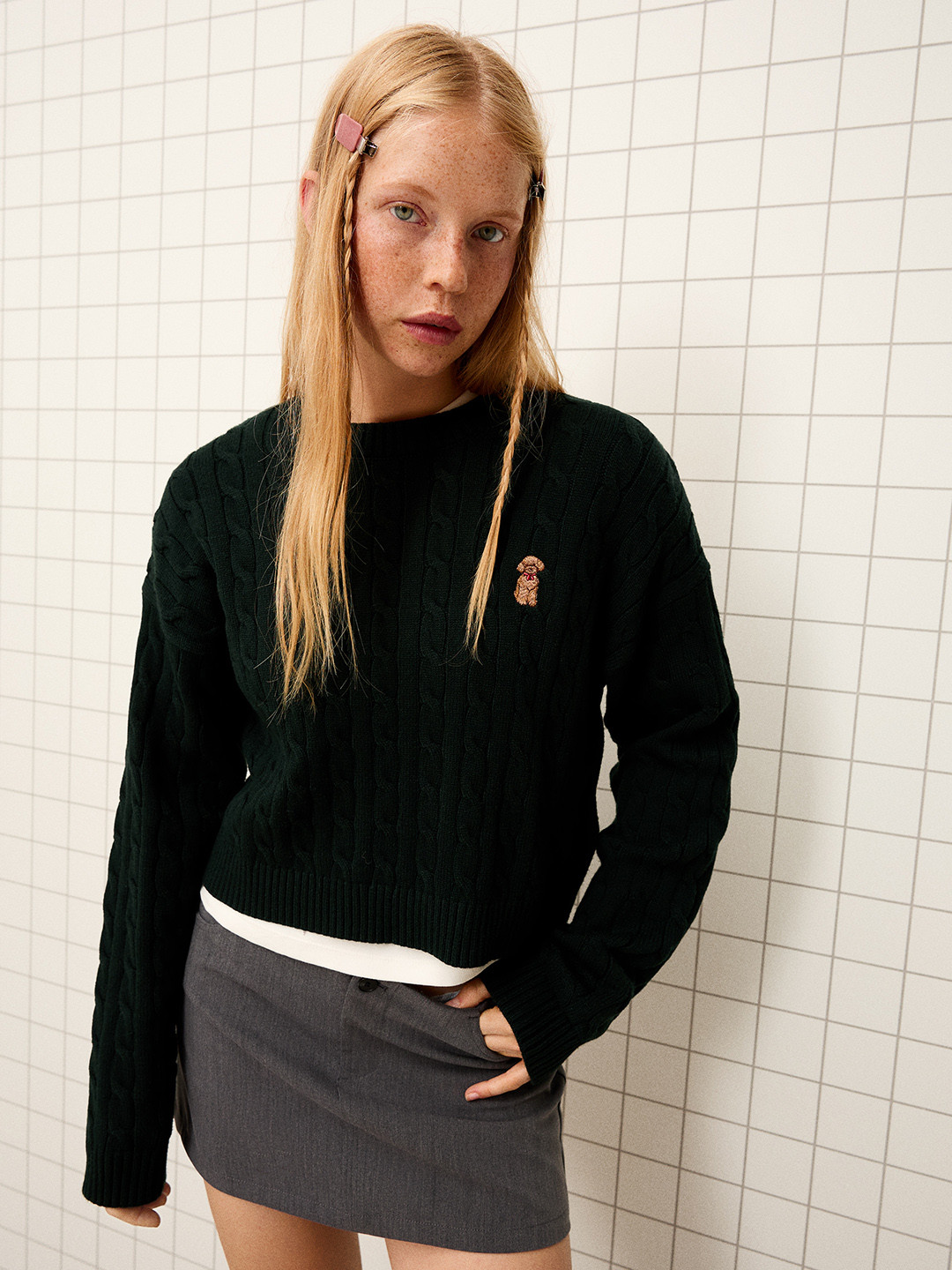 Bershka Embroidered Cable-Knit Sweater