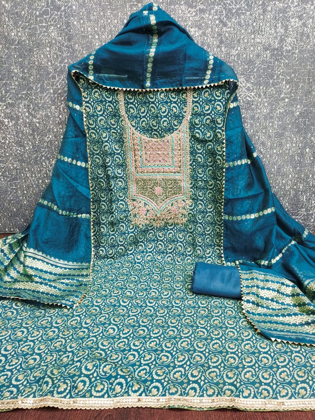 KALINI Women Blue Chanderi Floral Print With Coding Work Unstitched Dress Material