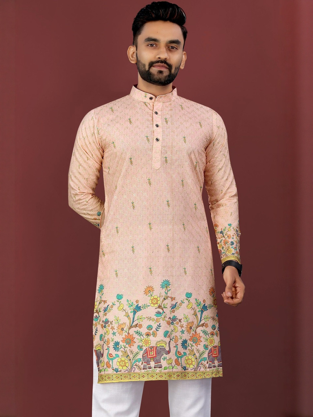 KRIJET Men Floral Printed Sequinned Kurta with Pyjamas