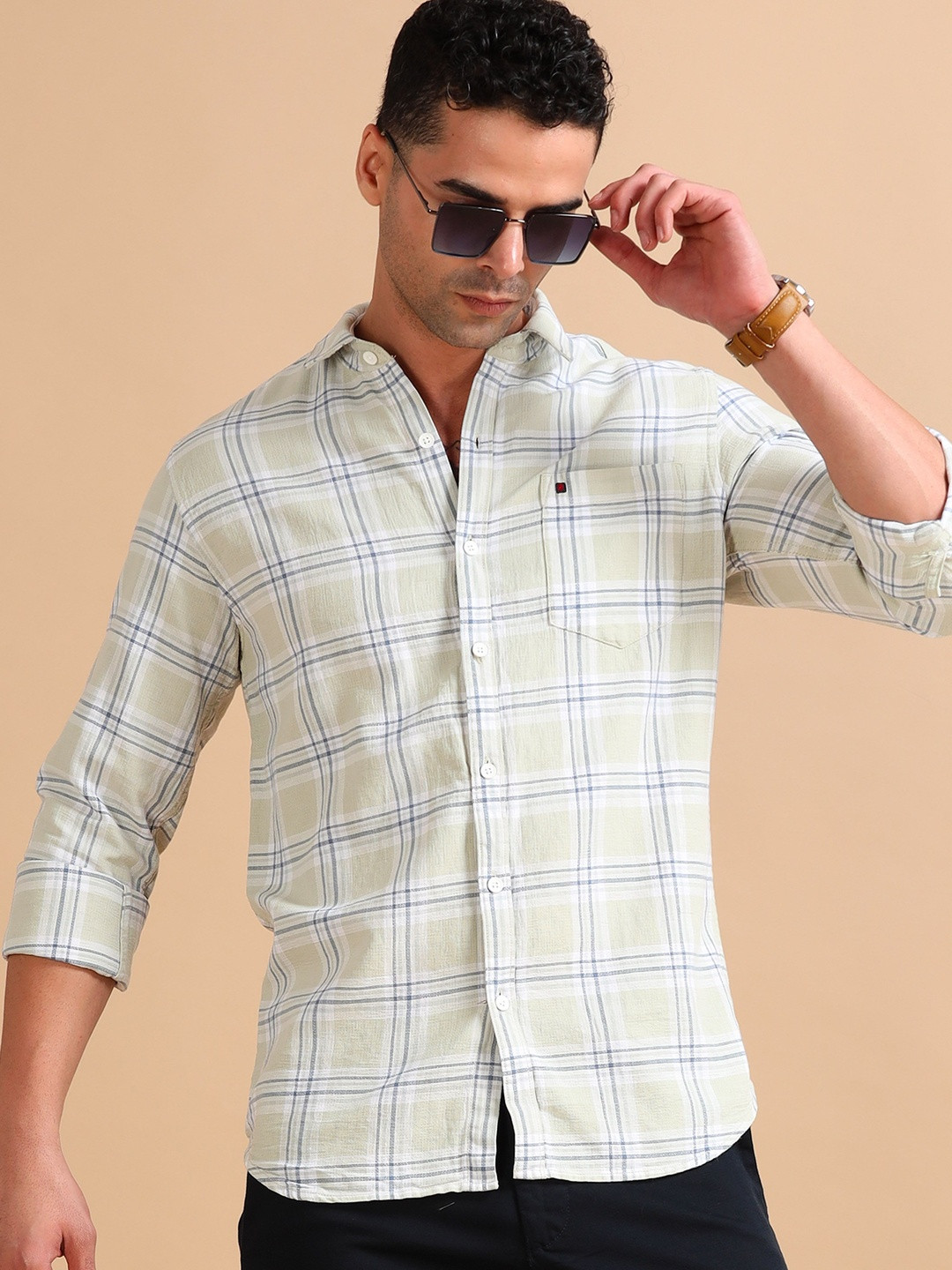 COOL COLORS Men Green Slim Fit Checked Casual Shirt