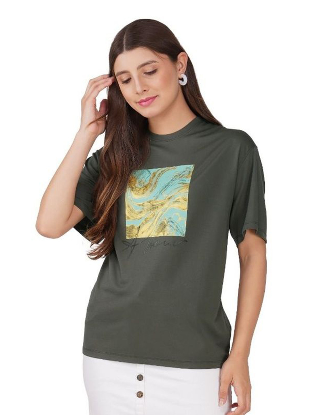 Shreeshayam Entprises Women Abstract Printed Round Neck Cotton Relaxed Fit T-shirt