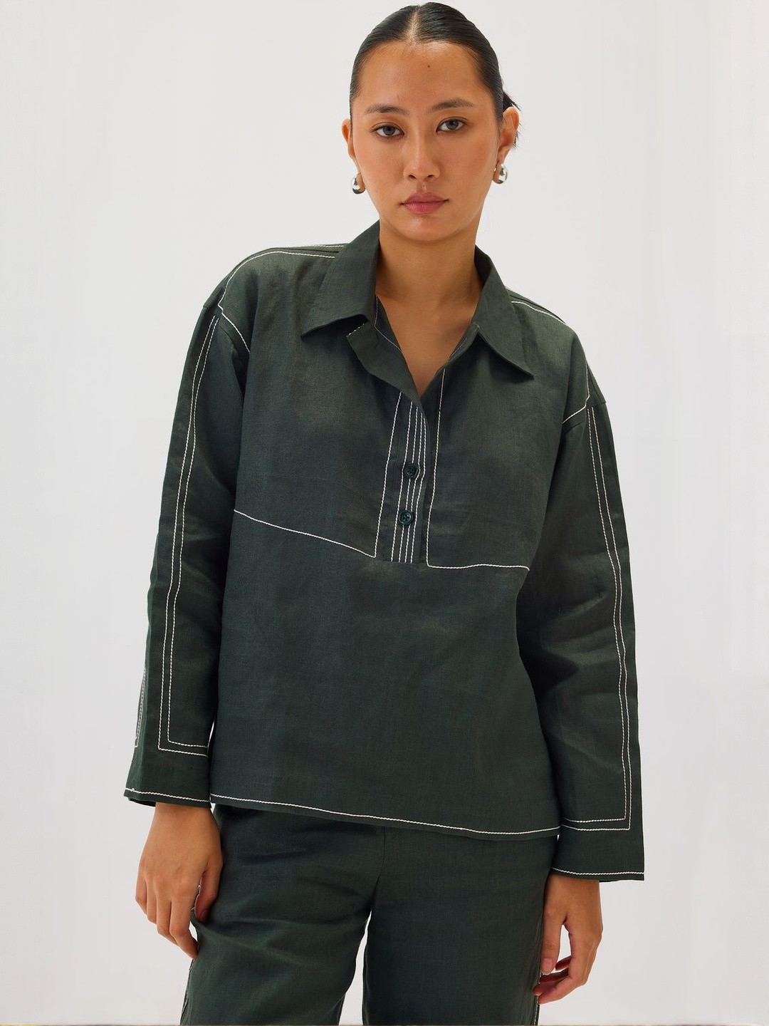 Shop Staple Women Shirt Collar Shirt Style Linen Top