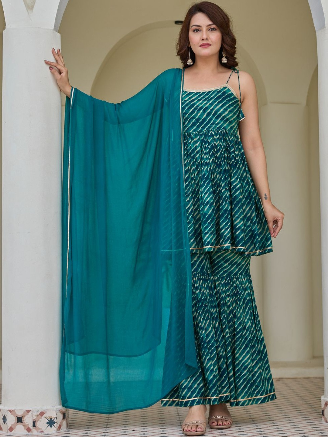Moda Rapido Leheriya Printed Tiered Square Neck A-Line Kurti With Sharara & Dupatta