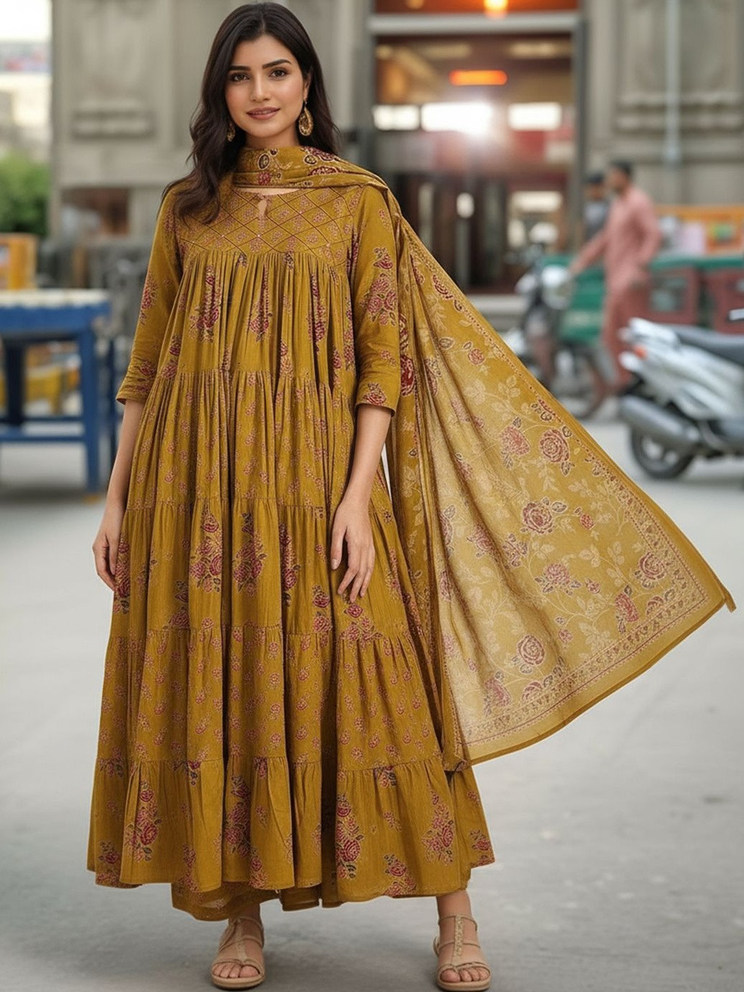 Anni Designer Women Plus Size Floral Printed Tiered Kurta Set With Dupatta