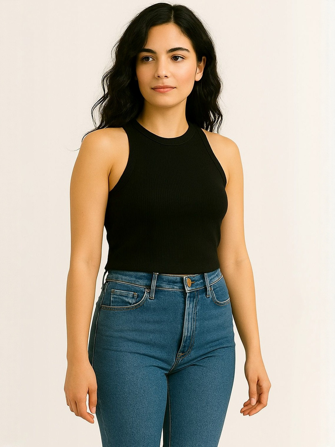 GLOWBERRY Black Ribbed Cotton Tank Top