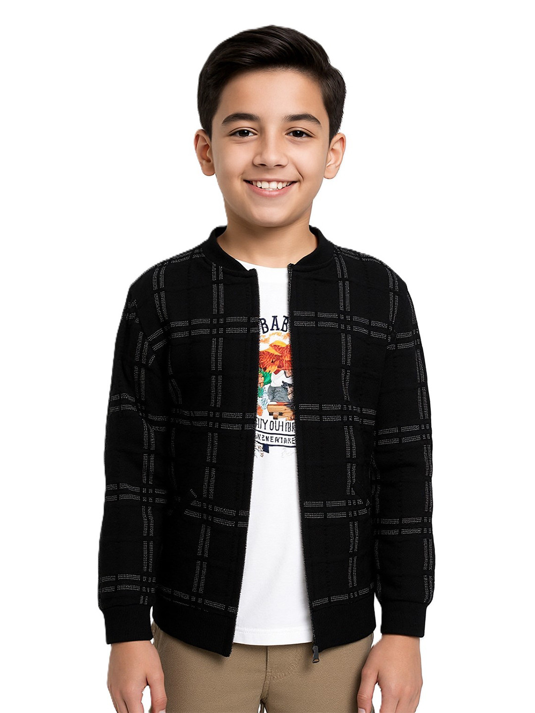 CAVIO Boys Checked Stand Collar Lightweight Cotton Bomber Jacket & T-Shirt