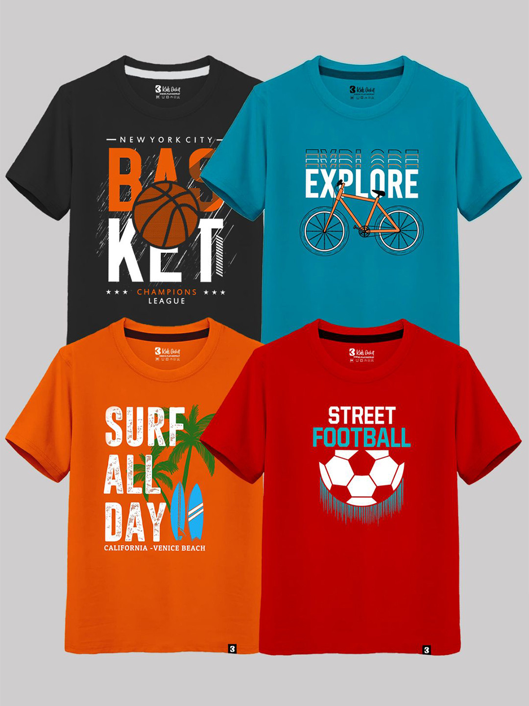 Kids Basket Boys Pak Of 4 Printed Round Neck Cotton T-shirts