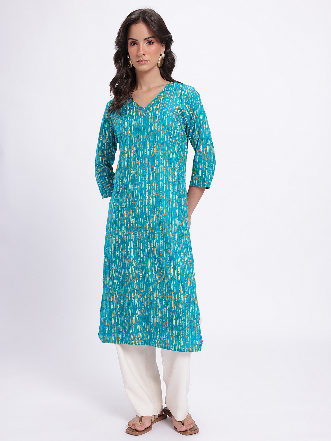 Anouk Rustic Abstract Printed V-Neck Straight Kurta