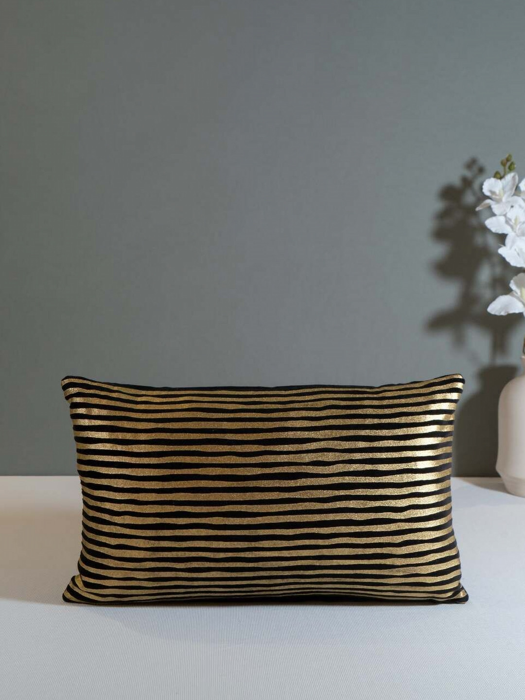 KASA BY HOLZER Black & Gold Striped Rectangle Cushion Cover