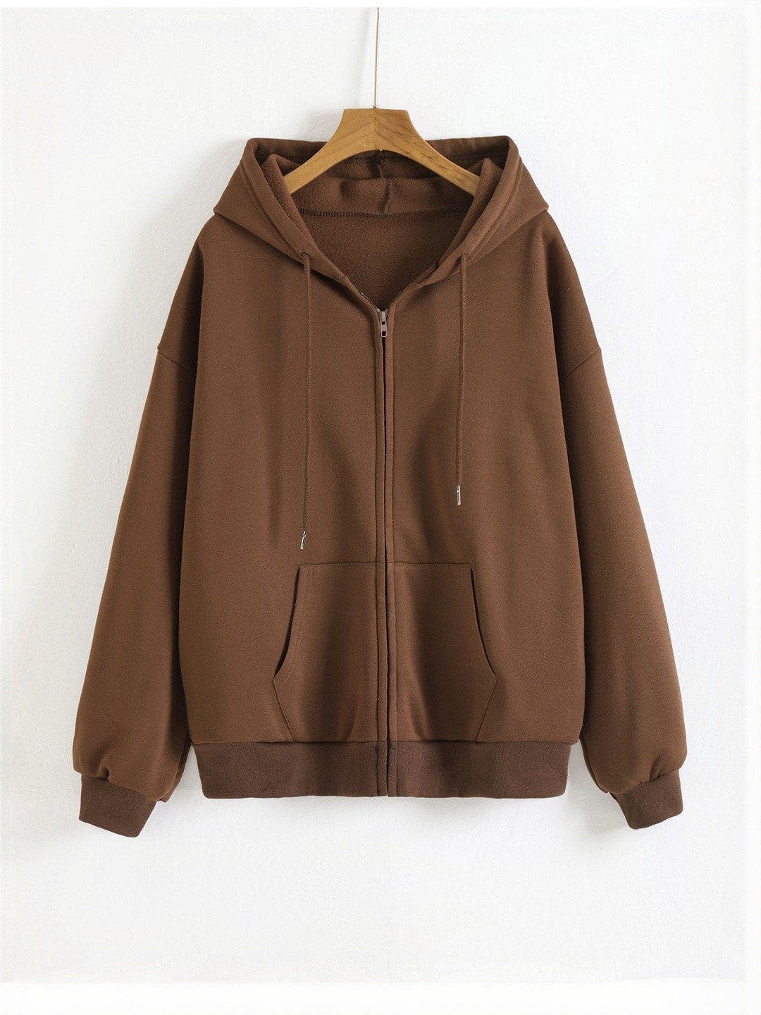 Imsa Moda Women Brown Fleece Solid Full Zipper Hoodie Sweatshirt
