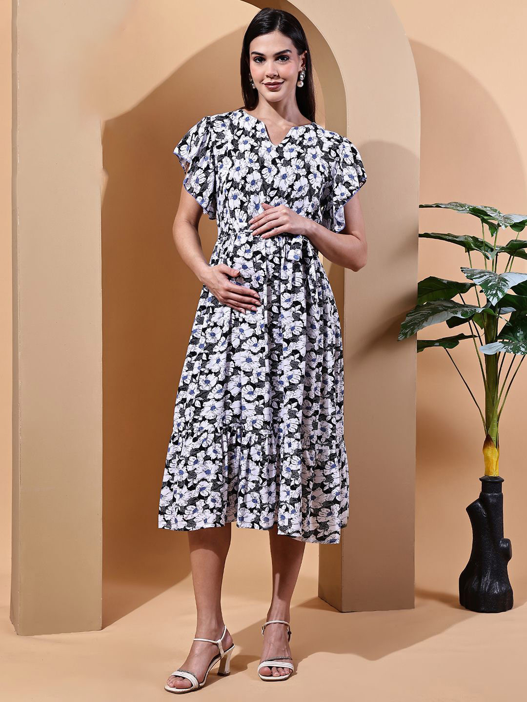 COLOR STUDIO Women Floral Printed Maternity A-Line Midi Dress