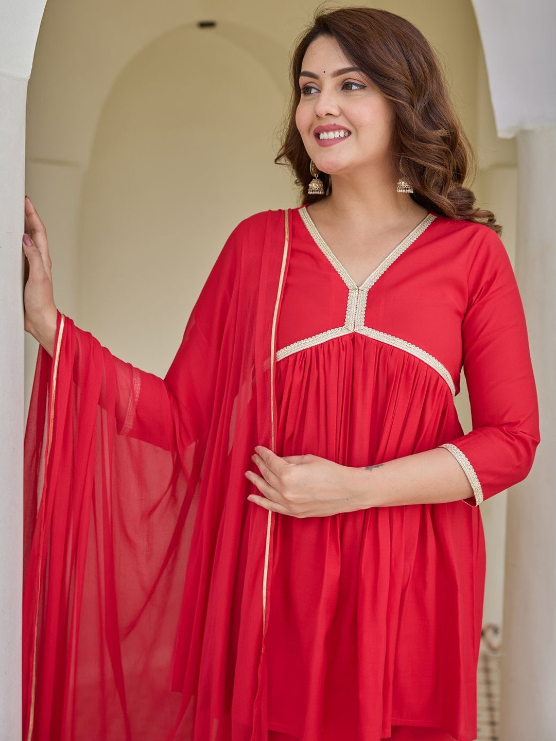 VIBE VISION Women Gotta Patti A-Line Kurti with Sharara & Dupatta