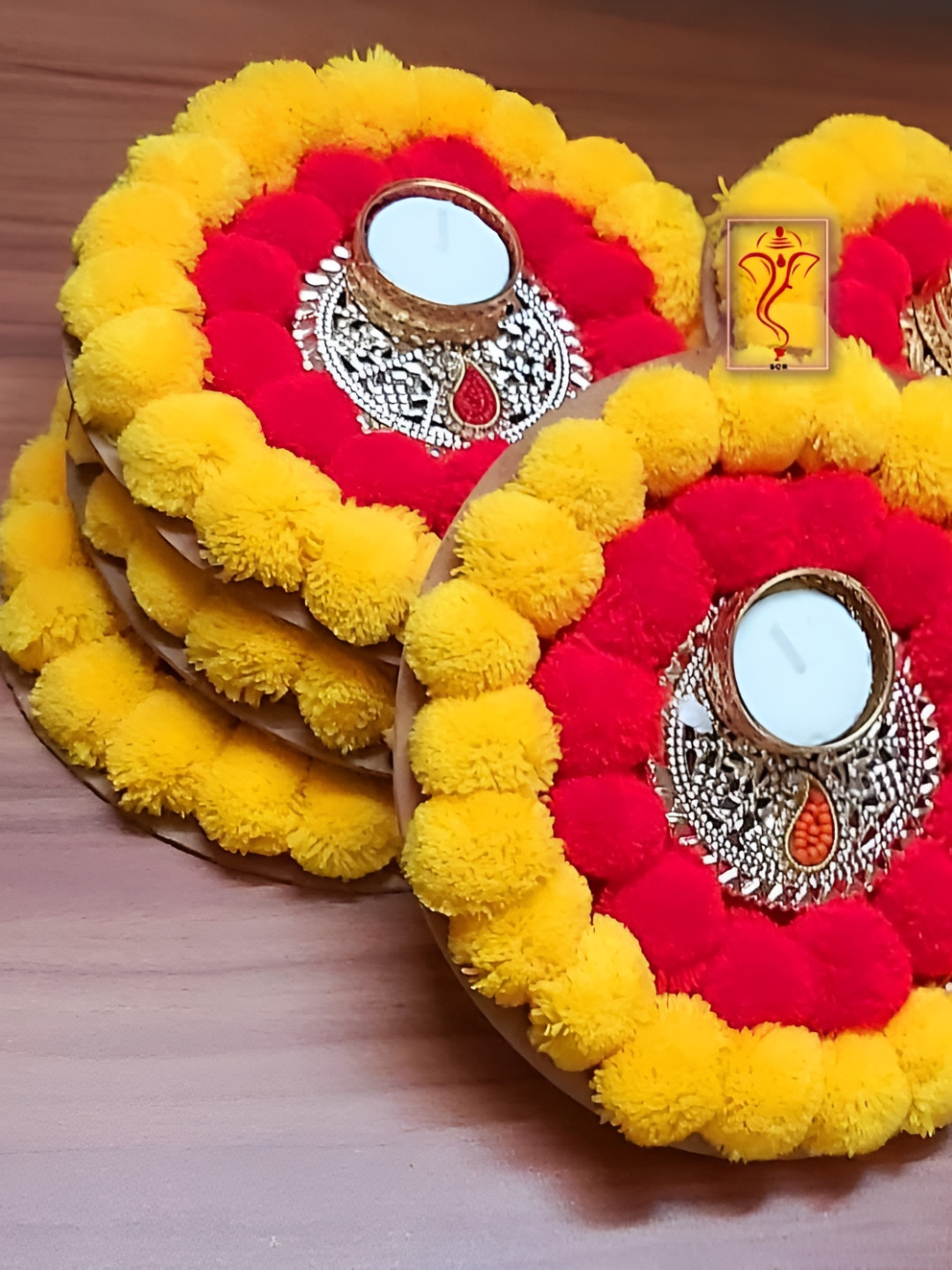 Sellplus 5Pcs Yellow & Red Decorative Pom-Pom Candle Holder