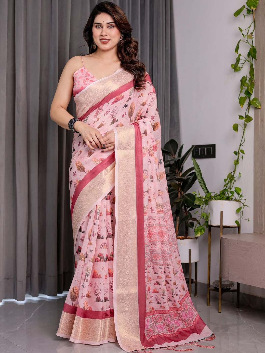 MAHARANI COUTURE Floral Printed Pure Cotton Zari Kanjeevaram Saree With Tassels On Edges