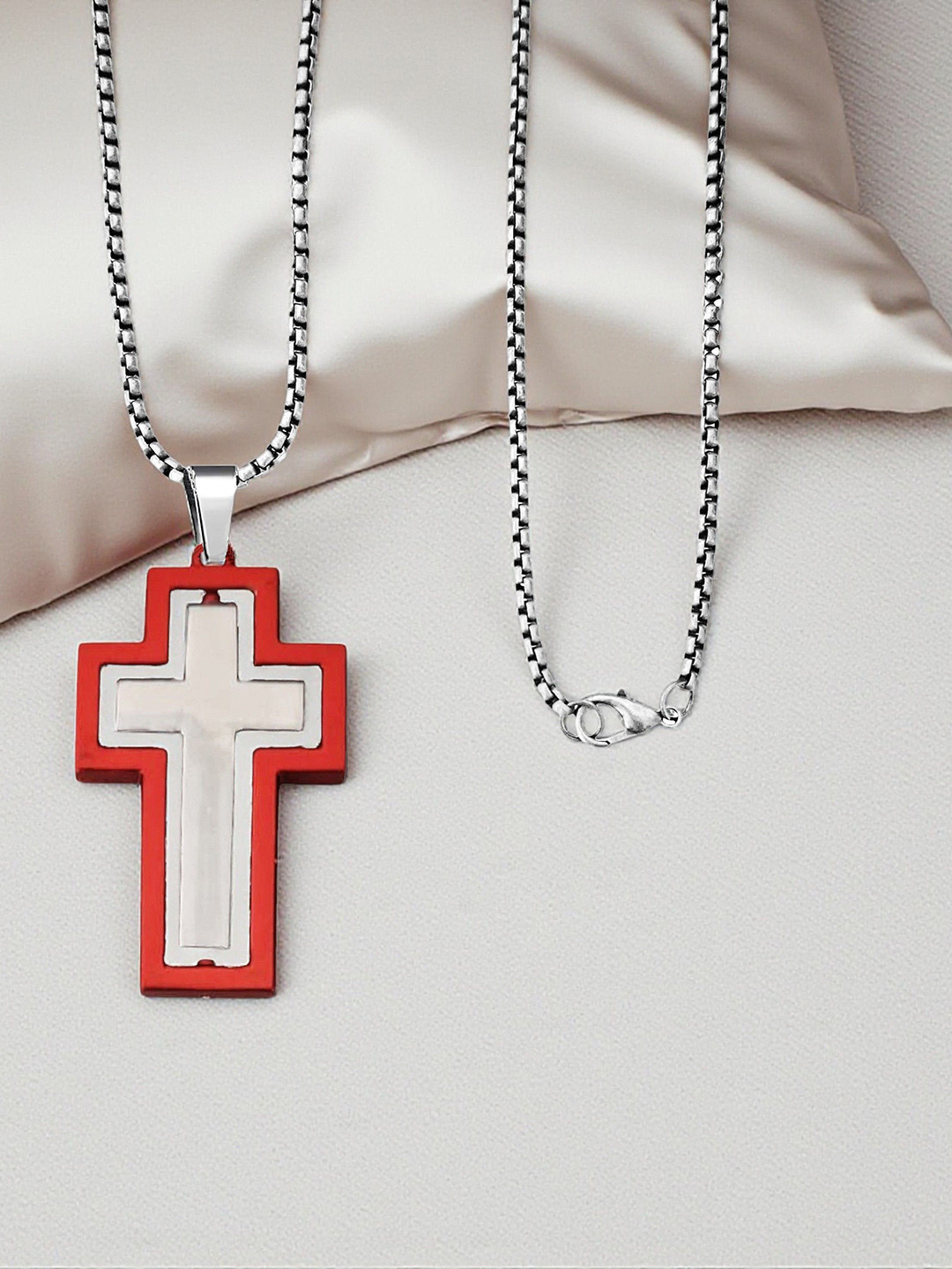 THE MEN GIFT Rhodium-Plated Rotatable Cross Shaped Pendant With Chain