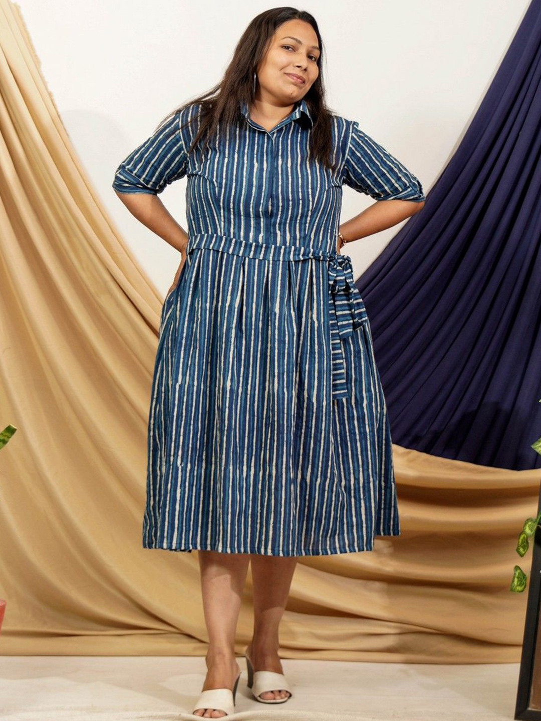 One House Women Indigo Striped Shirt Collar Fit & Flare Dress