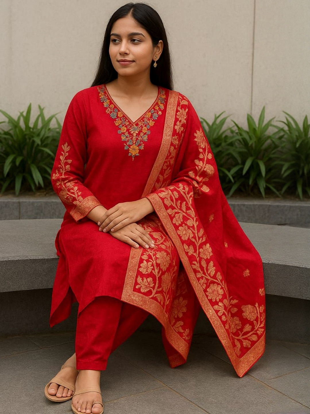 Agarwal Saree Floral Embroidered V-Neck Cotton Silk Straight Kurta With Trouser & Dupatta