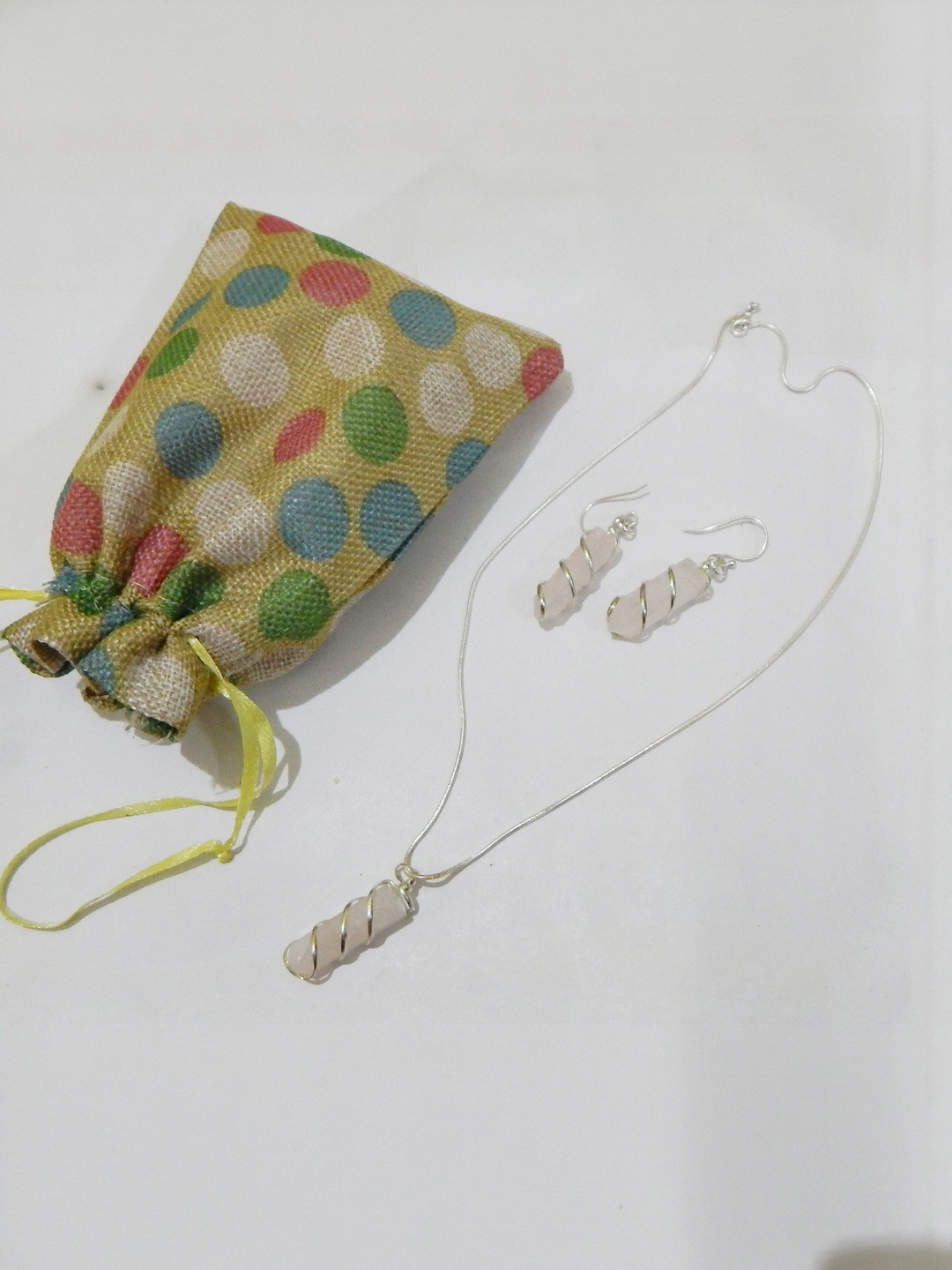 Jaya Vision Jewelry Women Silver Plated Rose Quartz Pendant Necklace With Earrings