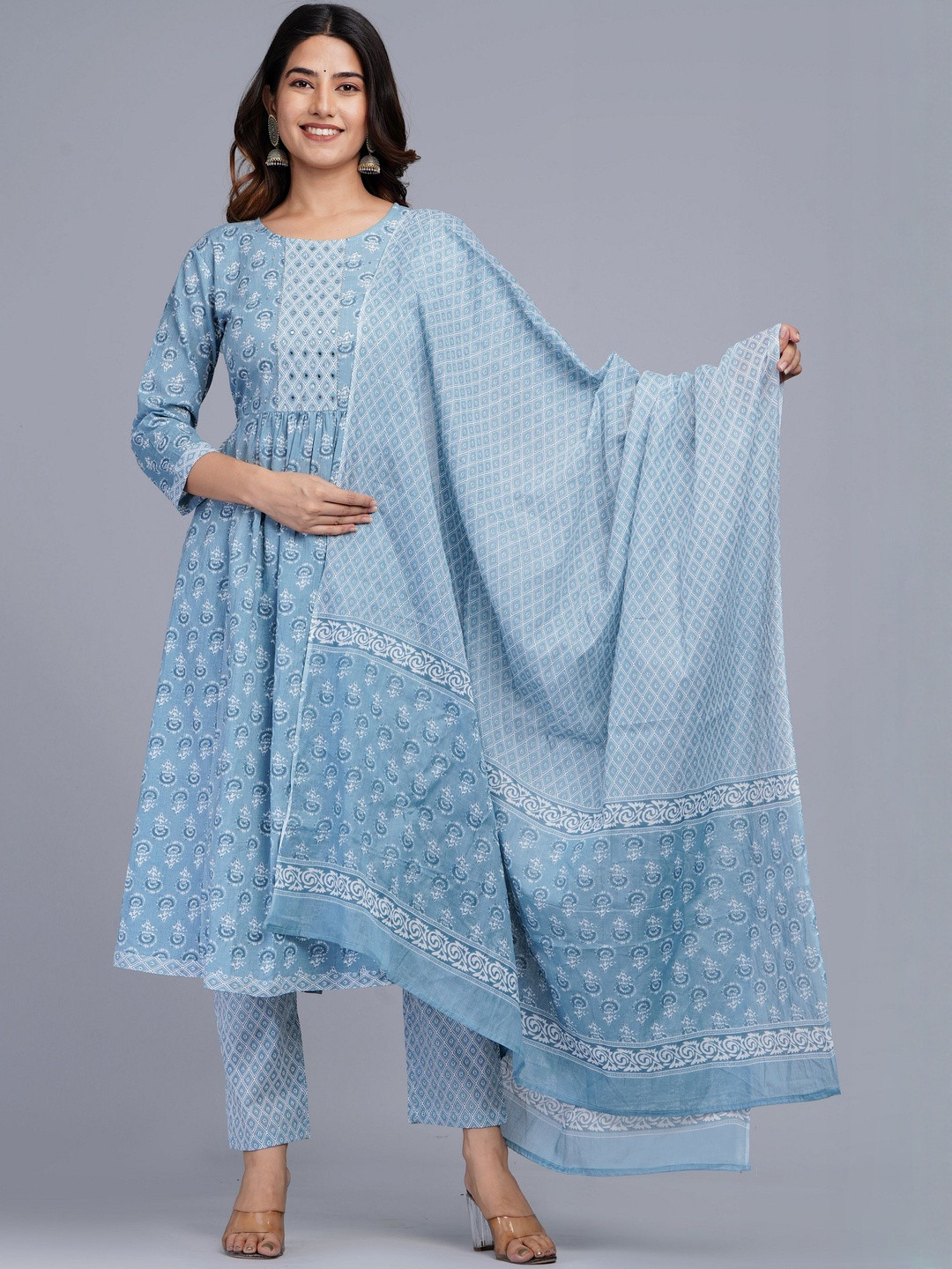 JAIPURI COLLECTION Floral Printed Aari Work Pure Cotton Kurta with Trousers & Dupatta