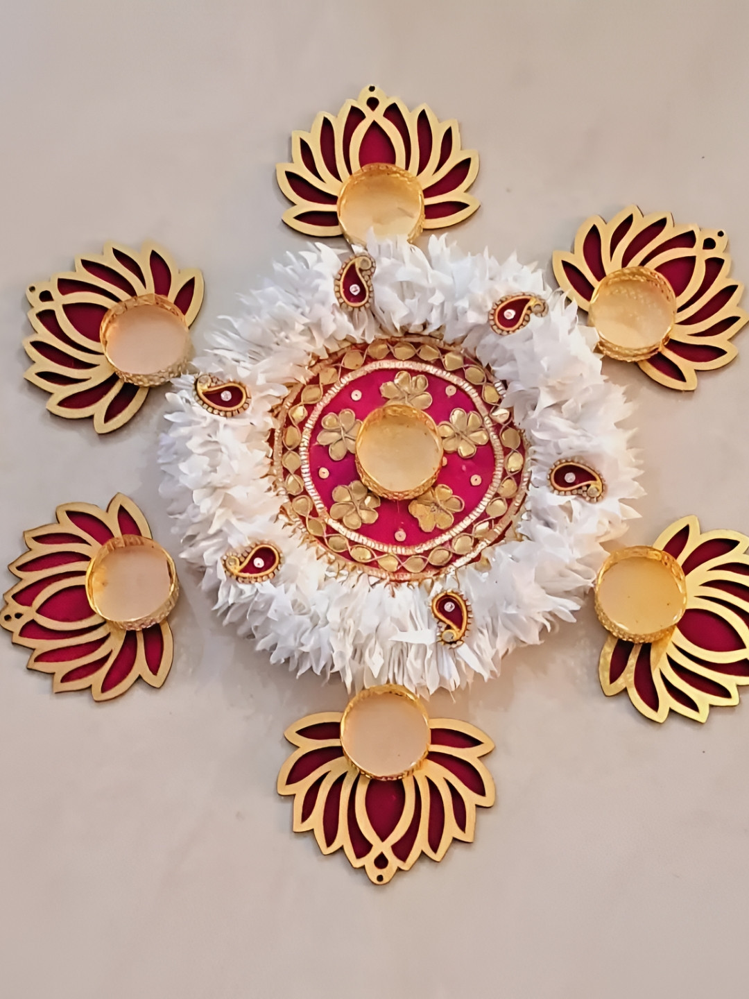 Sellplus 7Pcs Pink & White MDF Lotus With Gajra Patra Candle Holder