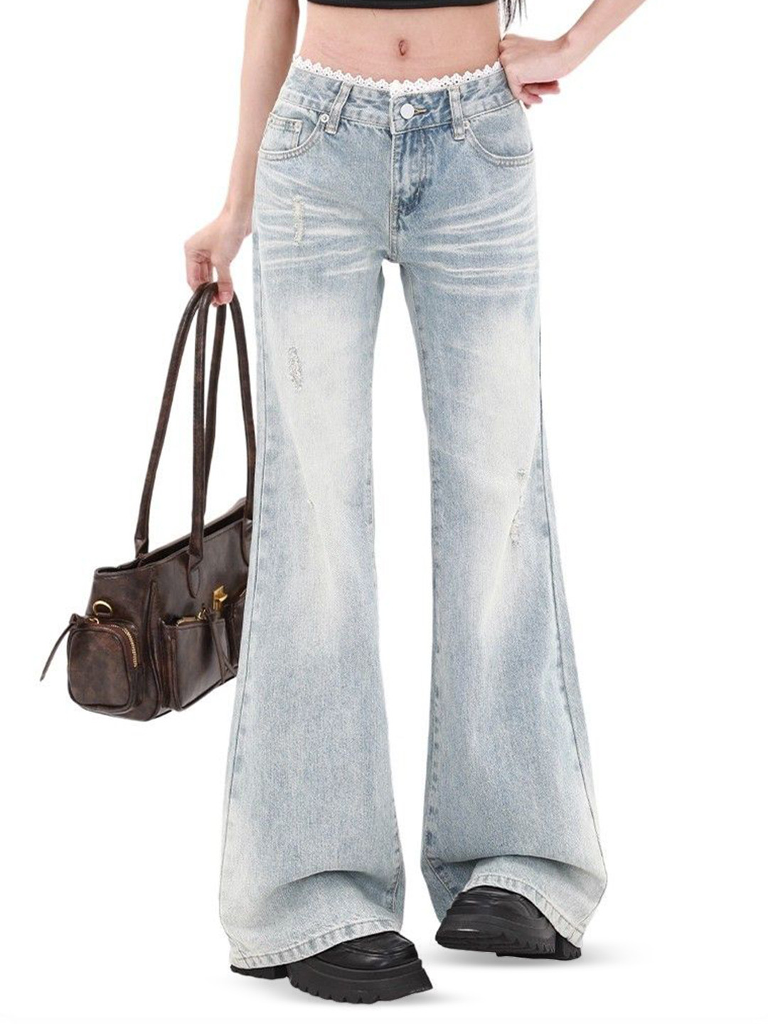 StyleCast Women Flared Mid Rise Light Fade Whiskers and Chevrons Jeans