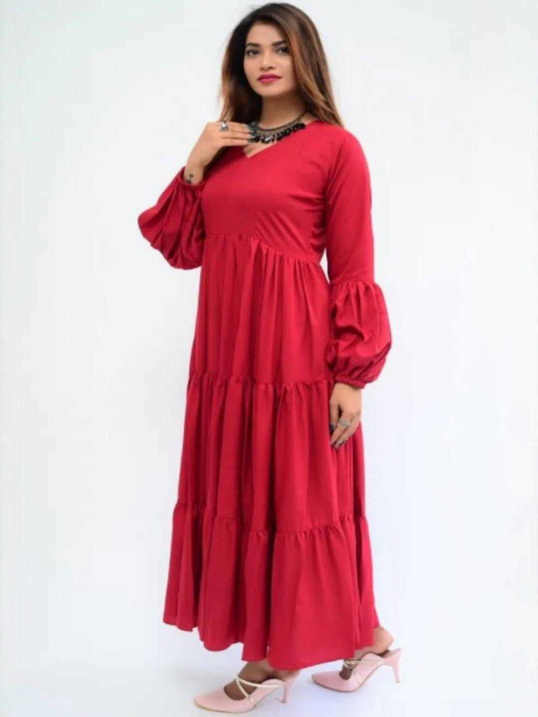 VS MALL Puff Sleeve Fit & Flare Maxi Dress