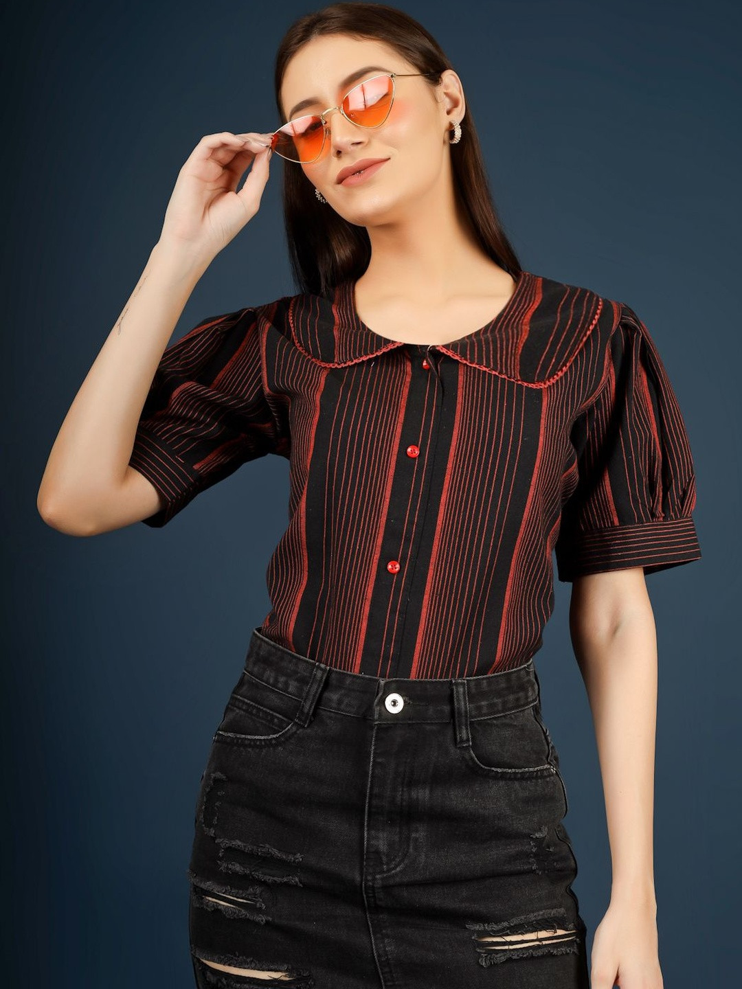 Kinjo Striped Peter Pan Collar Puff Sleeve Cotton Top