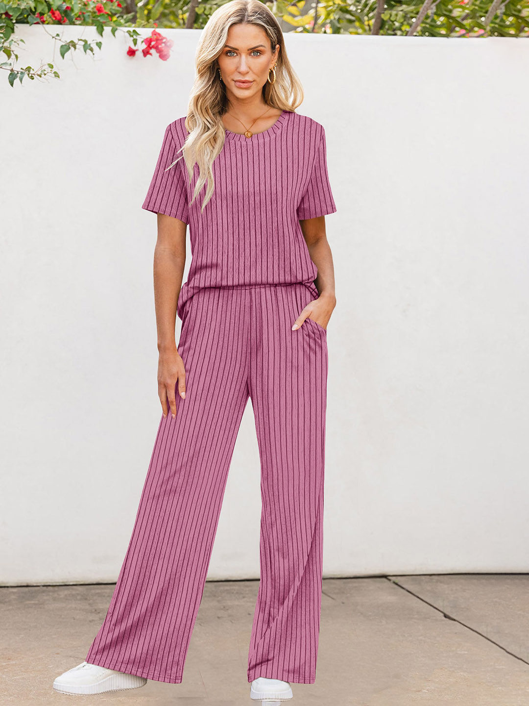 BAESD Striped Ribbed T-Shirt & Wide Leg Trouser