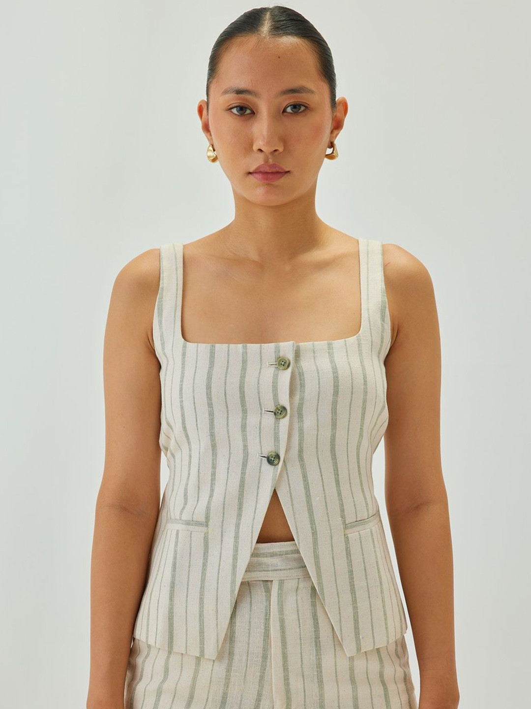 Shop Staple Off White & Green Linen Striped Square Neck Waistcoat