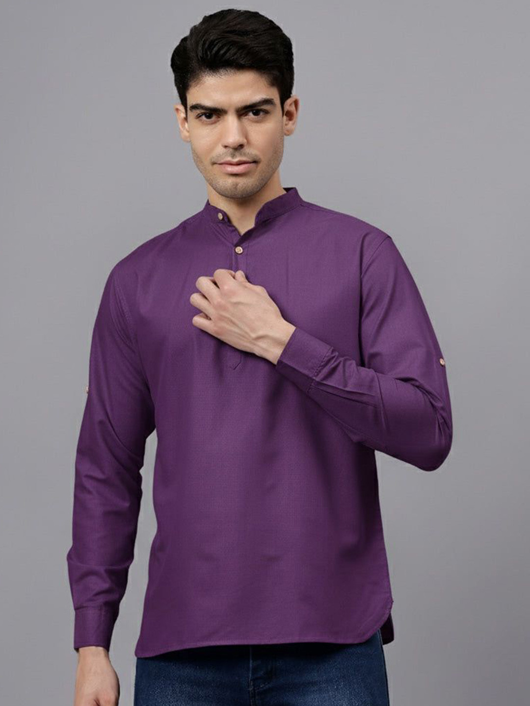 DEVA Traditional Men Band Collar Roll-Up Sleeves Short Straight Kurta