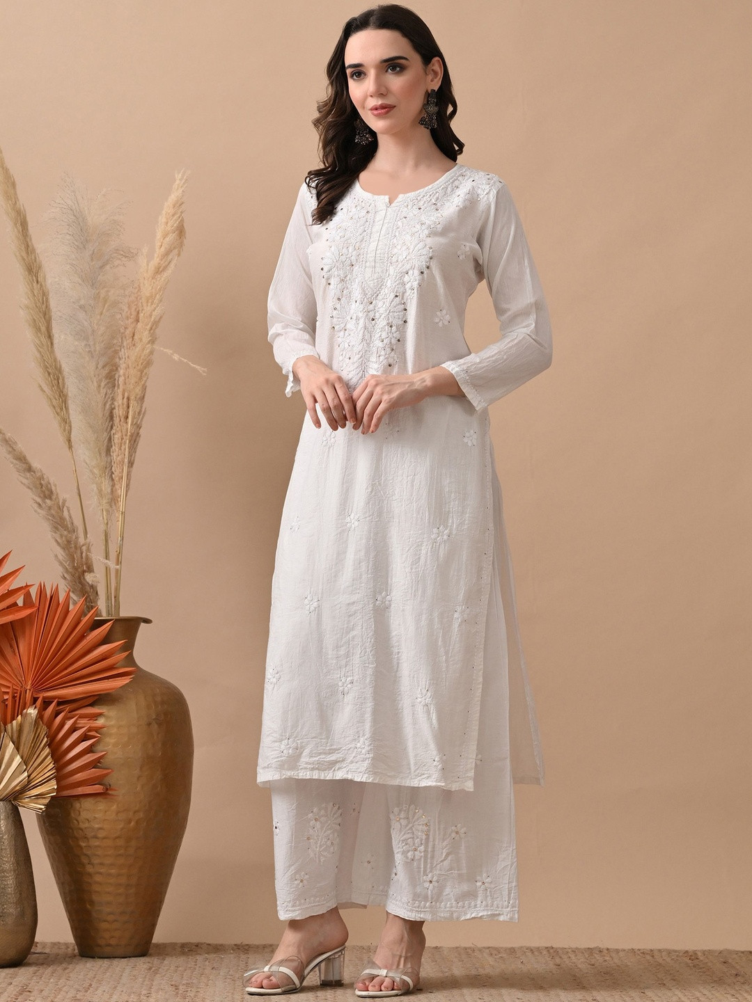 Mehr-O-Maah Embroidered Round Neck Chikankari Chanderi Silk Straight Kurta With Palazzos