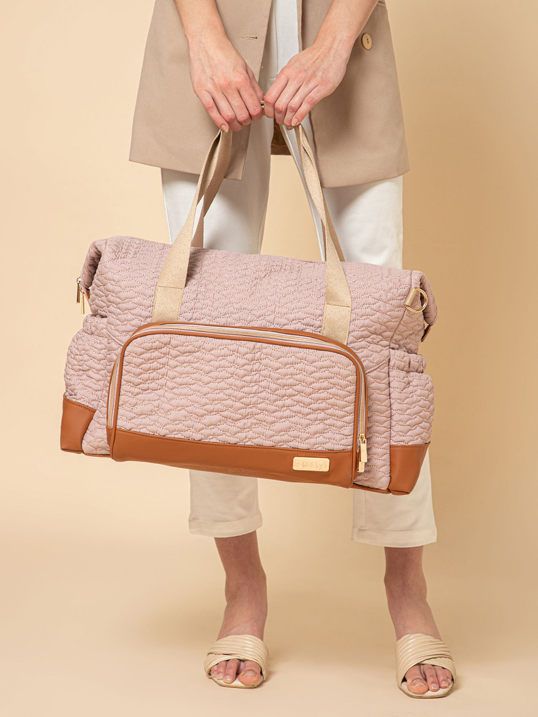 MOMLyf Olivia Quilted Vegan Leather Trim Duffle Diaper Bag - Dusty Rose