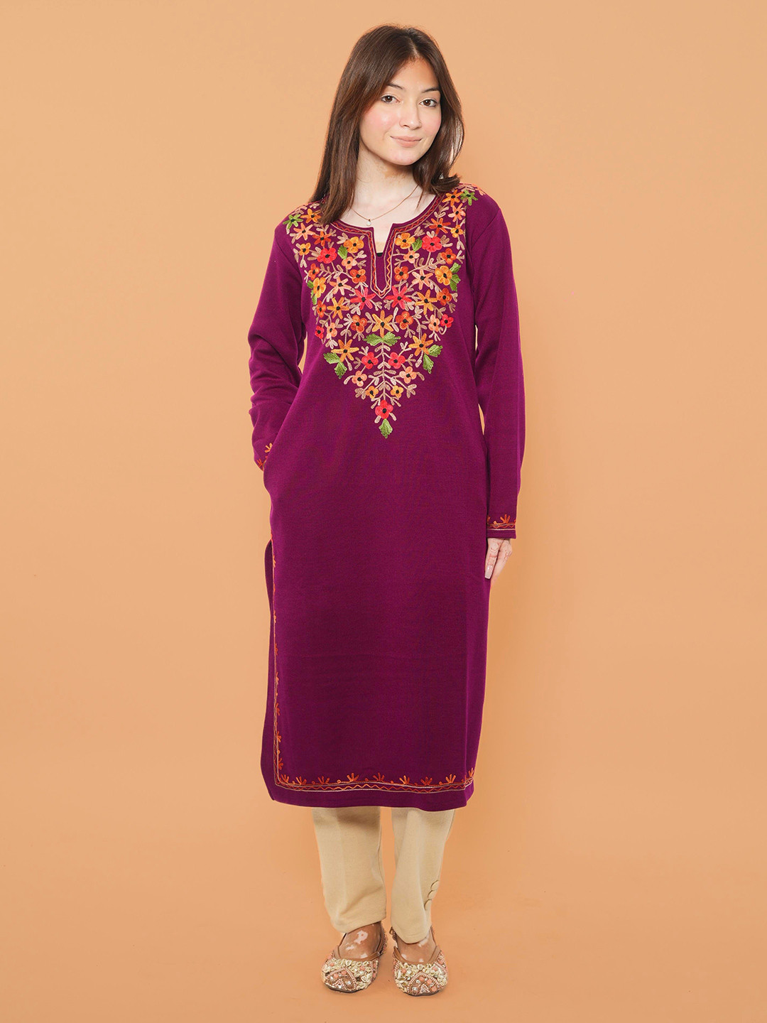 MHIZHA Floral Yoke Design Thread Work Notch Neck Kashmiri Woollen Straight Kurta