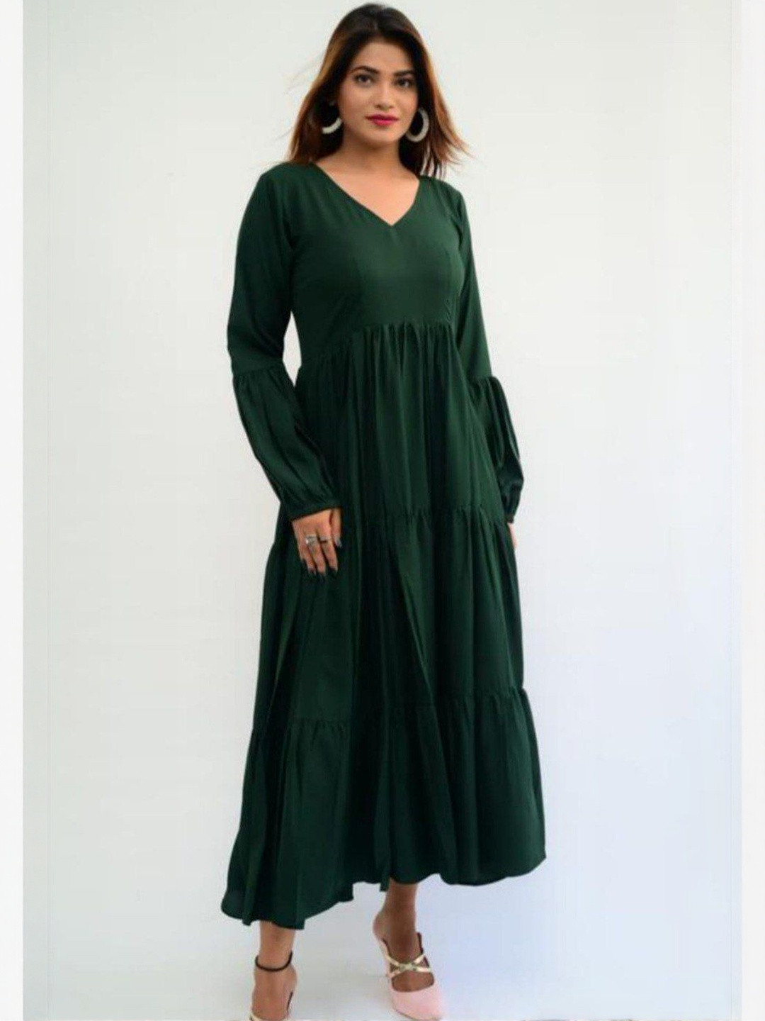 VS MALL Puff Sleeve Fit & Flare Midi Dress