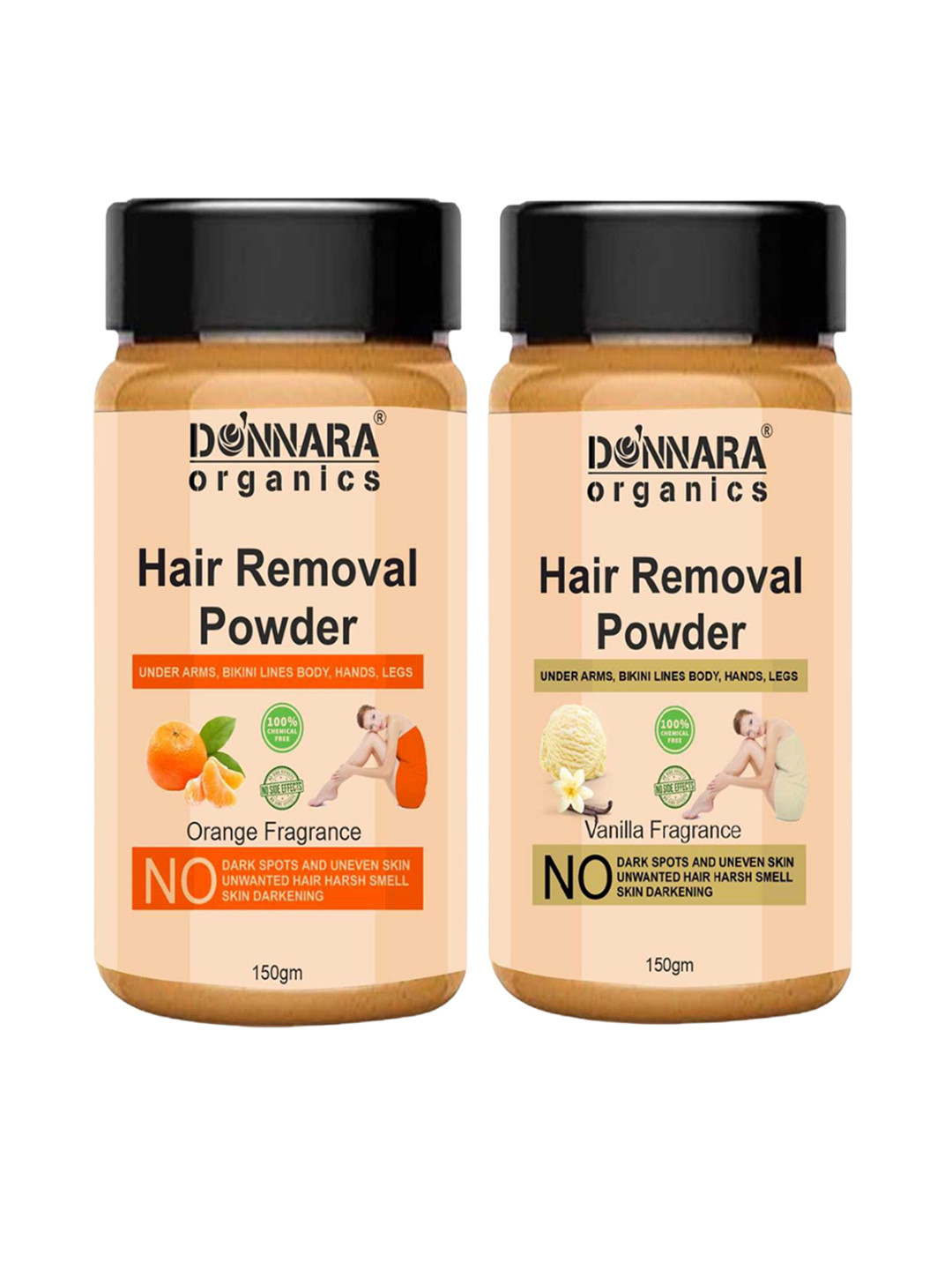 Donnara Organics Set Of 2 Orange & Vanilla Fragrance Hair Removal Powder - 150 g Each